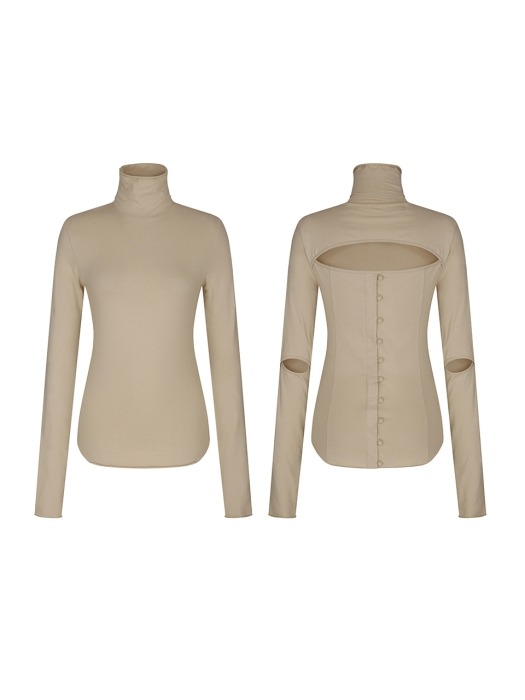 BUTTON-DETAIL ROLL-NECK JERSEY TOP (BEIGE)