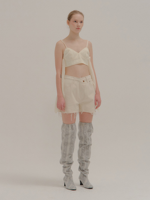 POCO Asymmetric Front Distressed Ivory Denim Shorts