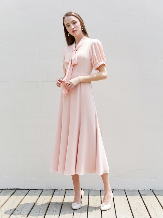 [미전시]KATE ribbon tied short puff-sleeve dress (Peach pink)