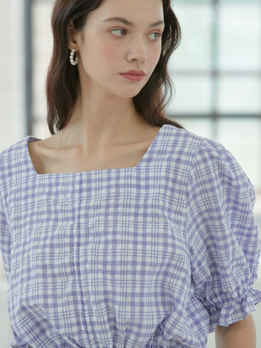 iuw761 waist string banding blouse (purple check)