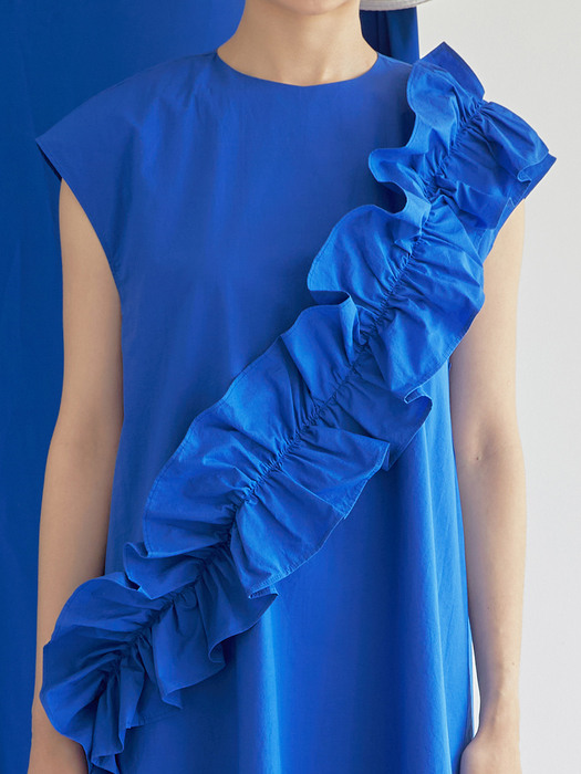 RUFFLE COTTON LONG DRESS IN BLUE