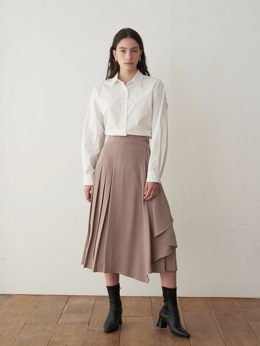 Silver Button Pleated Skirt_Beige