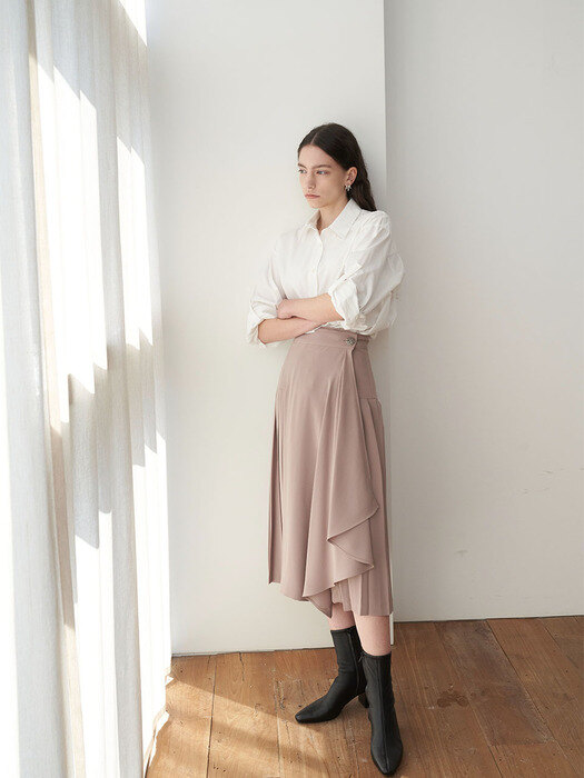 Silver Button Pleated Skirt_Beige