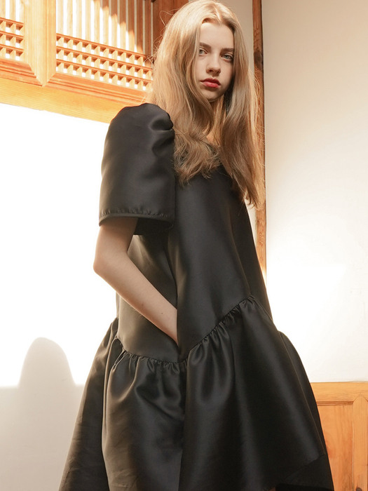 Tiered high-low taffeta dress in Black