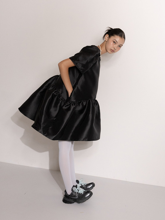 Tiered high-low taffeta dress in Black