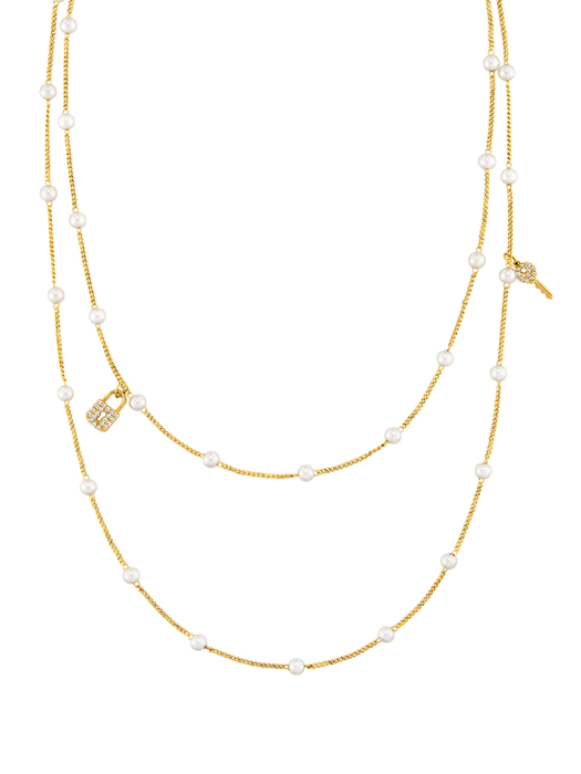 Shine lock & key pearl long necklace_NZ1103