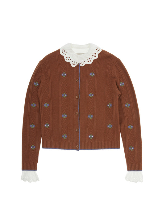 [N][SET]LILAC Floral cardigan (Brown) & APGUJEONG Ruffled eyelet collar blouse (Off white)
