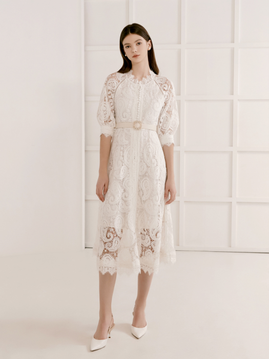 ALIYAH / Belted Paisley Lace Dress(ivory)
