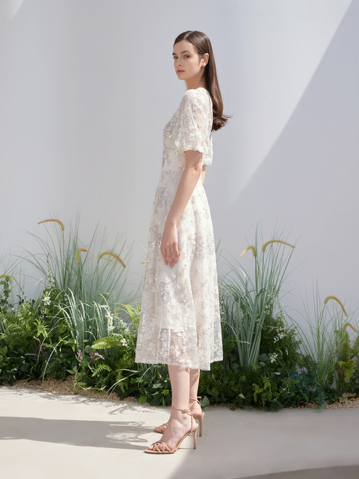 REMI / Puff Sleeve See-through Flower Spangle Dress(ivory)