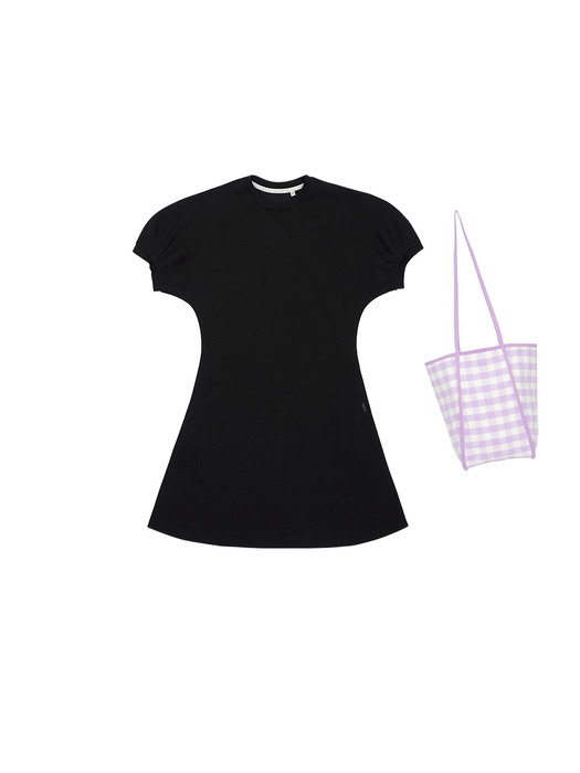 [SET] SEHWA Short dress (Black) + ITAEWON Bag (Lilac Gingham)