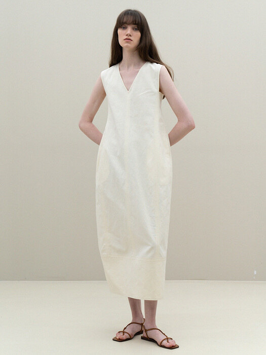 linen v-neck balloon onepiece (cream)