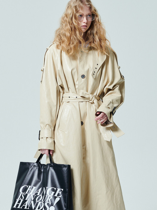 UP-CYCLING PROJECT] OVER FIT VEGAN LEATHER TRENCH COAT_IVORY