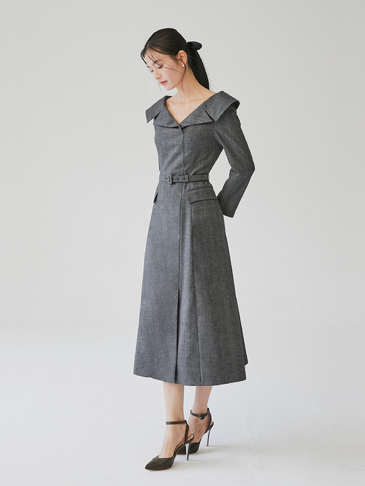 [미전시]BELITA Wide v-neck notched collar dress (Charcoal gray herringbone)