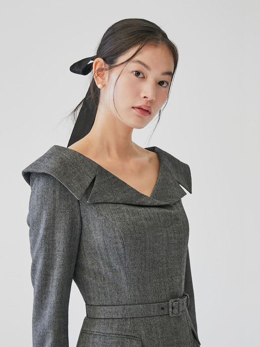 [미전시]BELITA Wide v-neck notched collar dress (Charcoal gray herringbone)