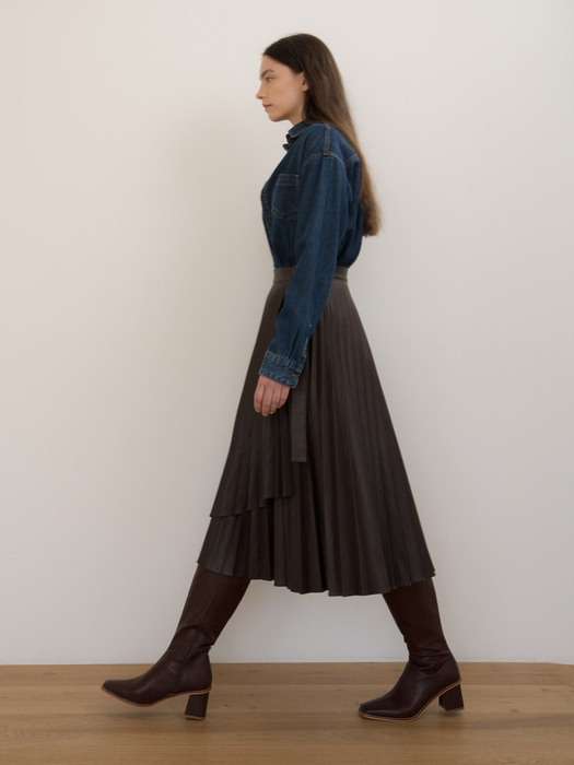 Leather pleats skirt (Brown)