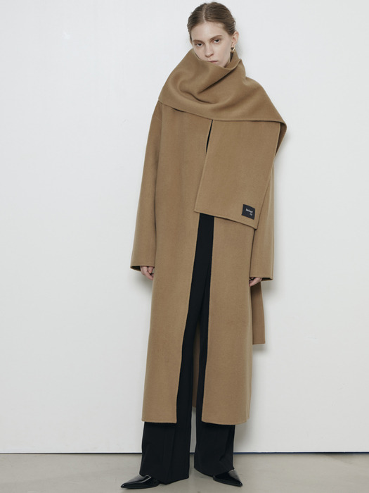 Cashmere Handmade Long Coat with Muffler_Camel