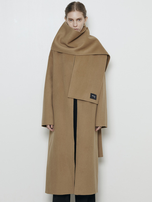 Cashmere Handmade Long Coat with Muffler_Camel