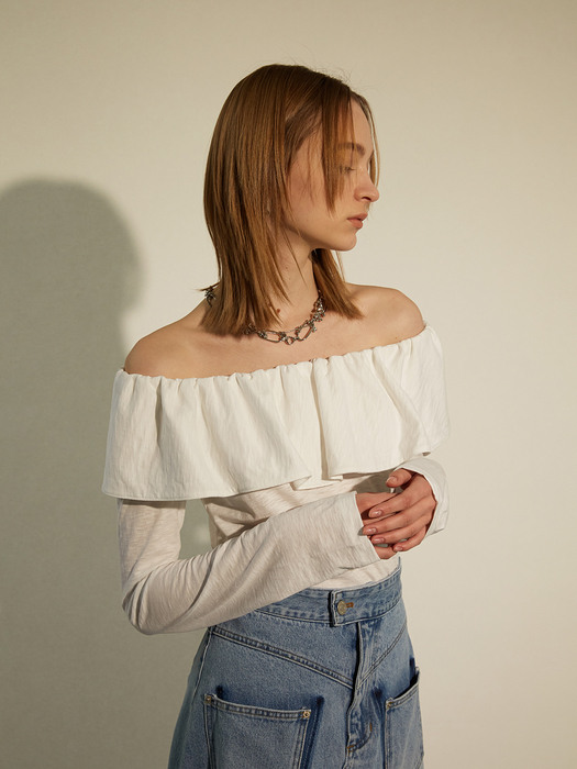 FRILL BOAT NECK T-SHRITS_WHITE