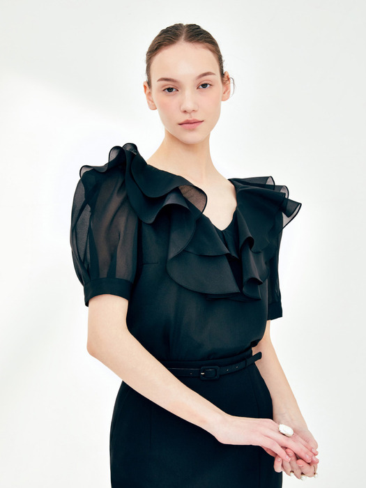 VALLERIE Organza ruffle blouse (Black)
