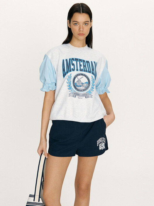 AMSTERDAM Frill sleeve city artwork sweatshirt (Melange gray&Blue)