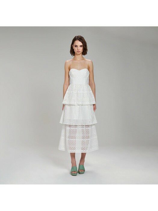 화이트 코튼 브로더리 앙글레즈 미디 드레스 (PF22-030)
