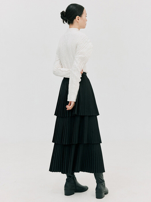 Pleats Slit Long Skirt_Black