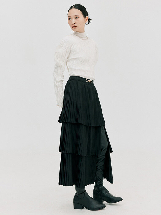 Pleats Slit Long Skirt_Black