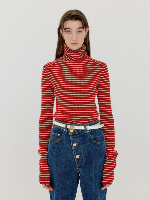 VOLLY Slim Fit Knit Pullover - Red/Ivory Stripe