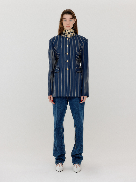 VASE Round Neck Long Jacket - Navy/Cream Stripe