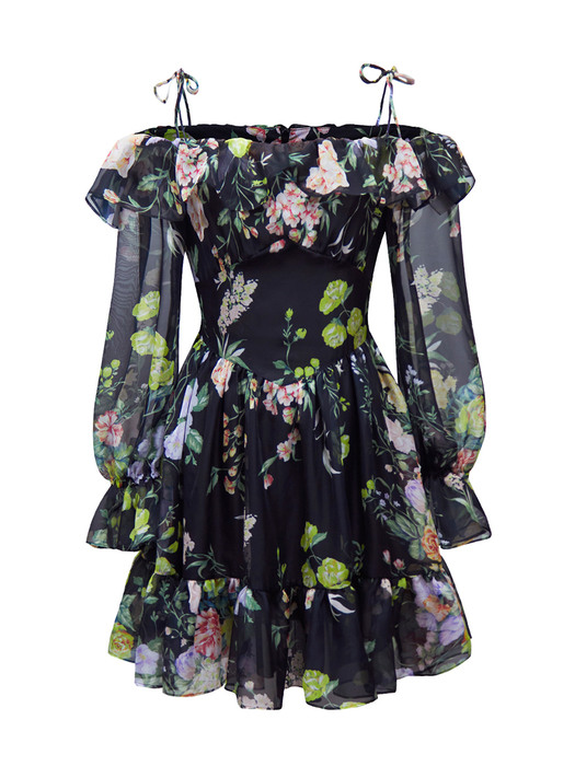 Flower party off shoulder dress (Black)