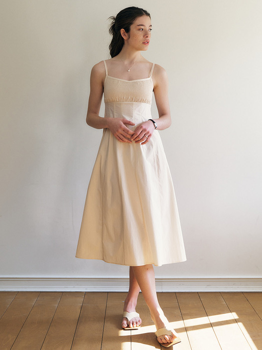 Berna_Cotton Smocking Sleeveless Dress - Ivory