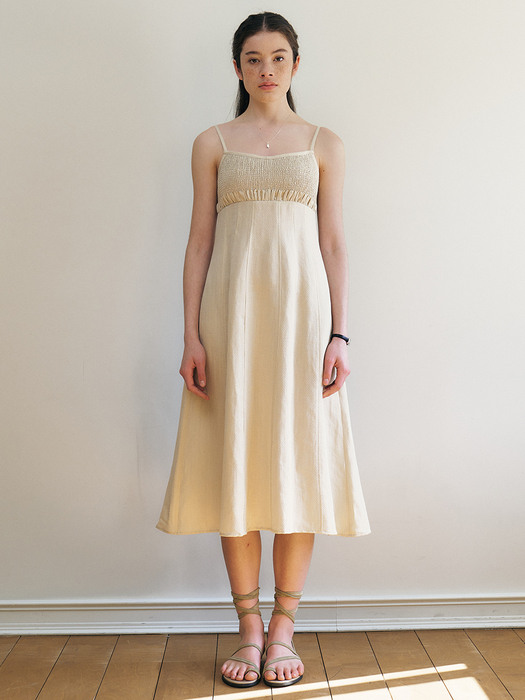 Berna_Cotton Smocking Sleeveless Dress - Ivory