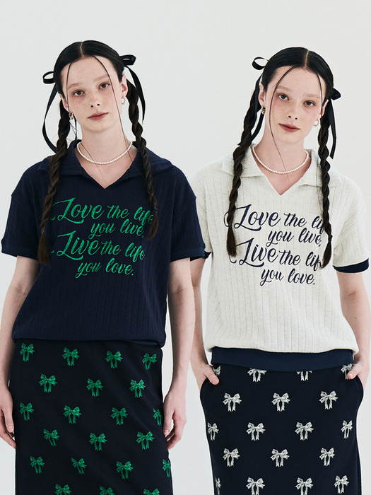 MET summer knit ribbon printing t-shirt&skirt set