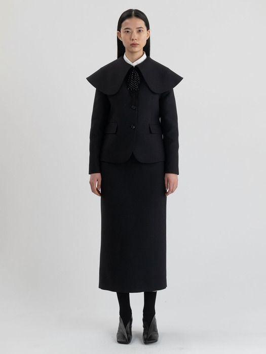 Slim Simple Wool Silk Line Skirt - Black