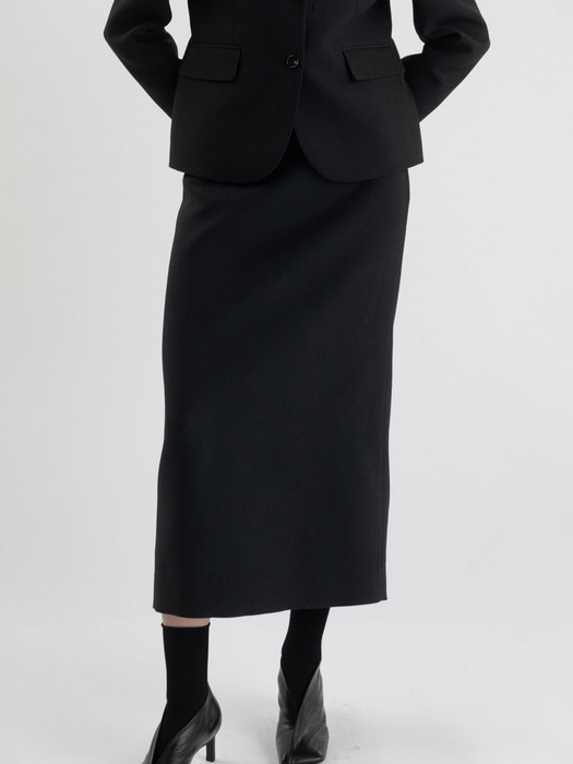 Slim Simple Wool Silk Line Skirt - Black
