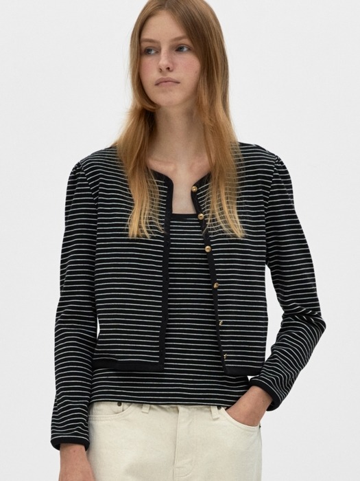 stripe cardigan sleeveless set - black