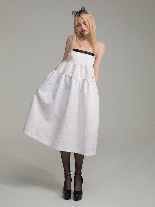 Ribbon pointed jacquard tiered dress in ivory