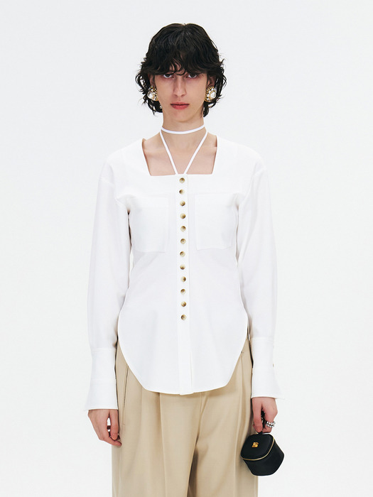 SQUARE-NECK BLOUSE WITH FITTED WAIST AND STRAP TIE - WHITE