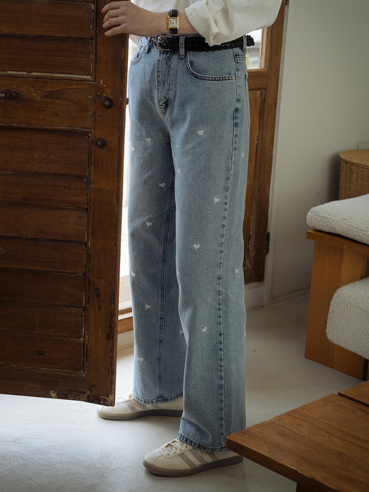 Heart embroidery denim pants_Blue - Image 1
