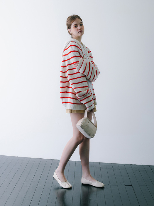 Over-Fit Stripe Hoodie Knit Cardigan Ivory Red