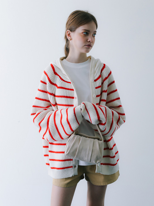 Over-Fit Stripe Hoodie Knit Cardigan Ivory Red