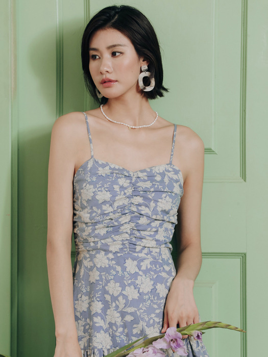 LS_Shirring floral sleeveless dress