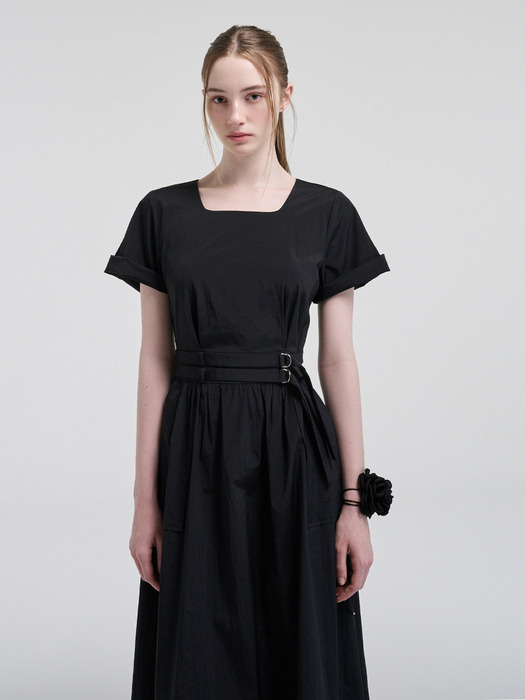 2-Way Sleeve Belted Dress, Black