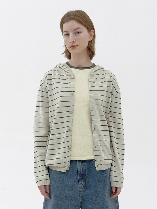 [Women] Hemp Cotton Stripe Hooded Cardigan (Ivory)