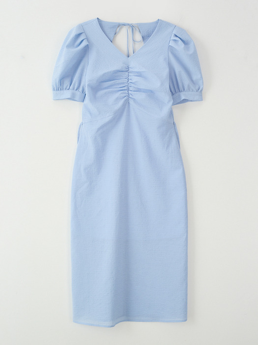 SHIRRING DETAIL MIDI DRESS_BLUE