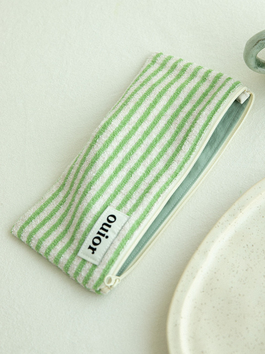 ouior flat pencil case_terry stripe green (topside zipper)