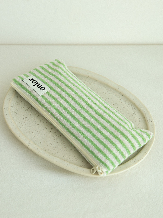 ouior flat pencil case_terry stripe green (topside zipper)