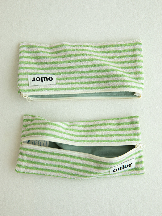 ouior flat pencil case_terry stripe green (topside zipper)