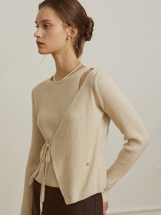 Cut Out Diagonal Wrap Knit - Beige