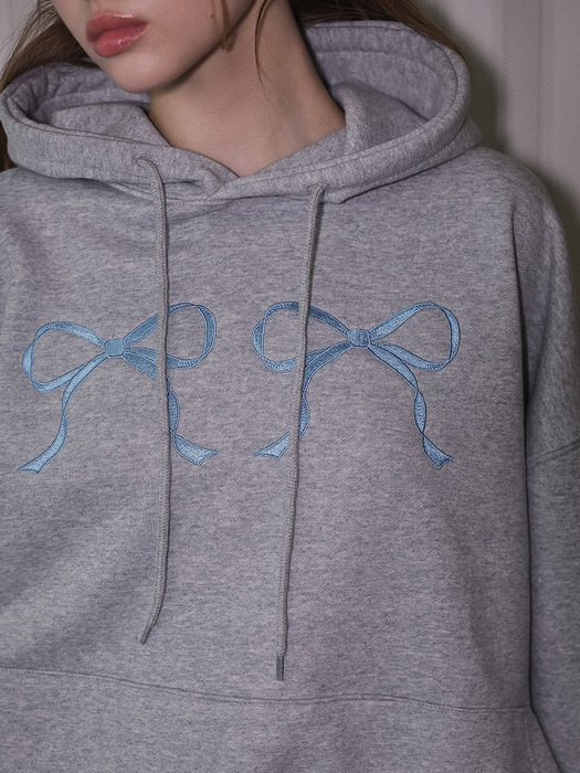 Twin Ribbon Embroidery Hoodie [Gray]